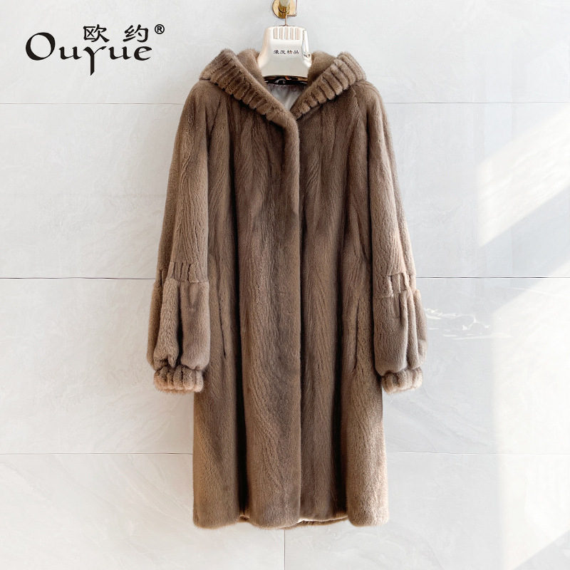 连帽貂皮大衣进口紫标天鹅绒整貂简约宽松中长款复古水貂皮草外套