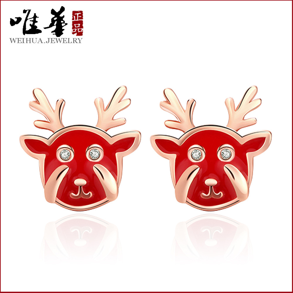 新款一路有你耳钉镀银饰小巧耳饰喜气红色小鹿角耳钉