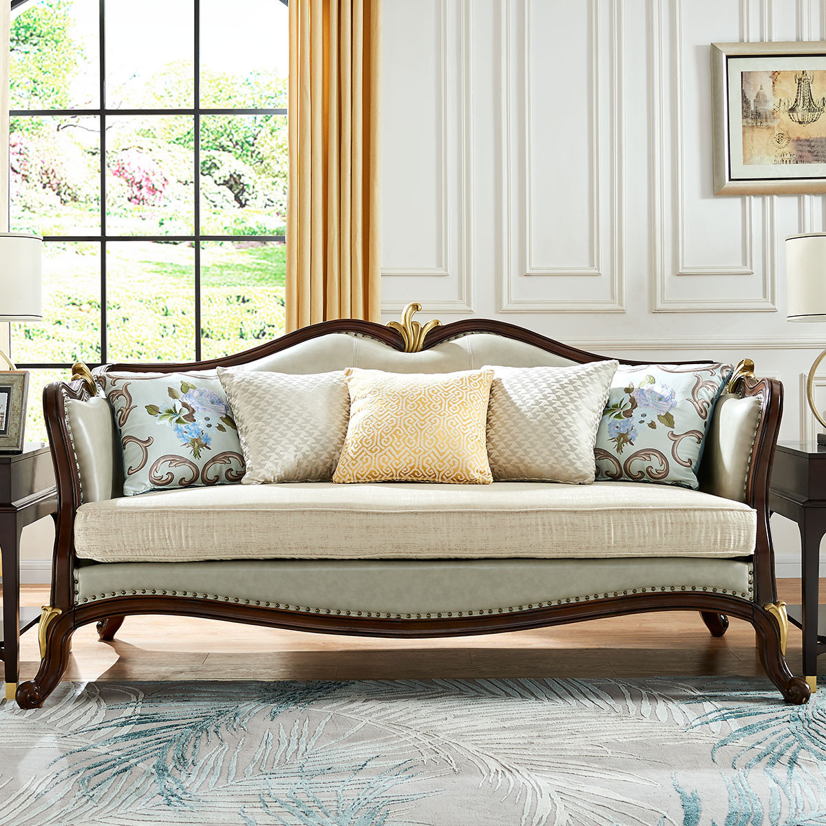 美式轻奢实木沙发组合欧式真皮沙发雕花皮布艺三人沙发客厅简约