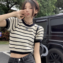 针织衫女夏季韩版黑白条纹修身新款镂空圆领显瘦百搭短款小众上衣