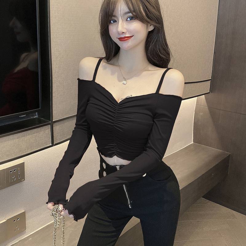 漏锁骨网红吊带一字肩露肩短款上衣女ins港风紧身露脐t恤打底衫