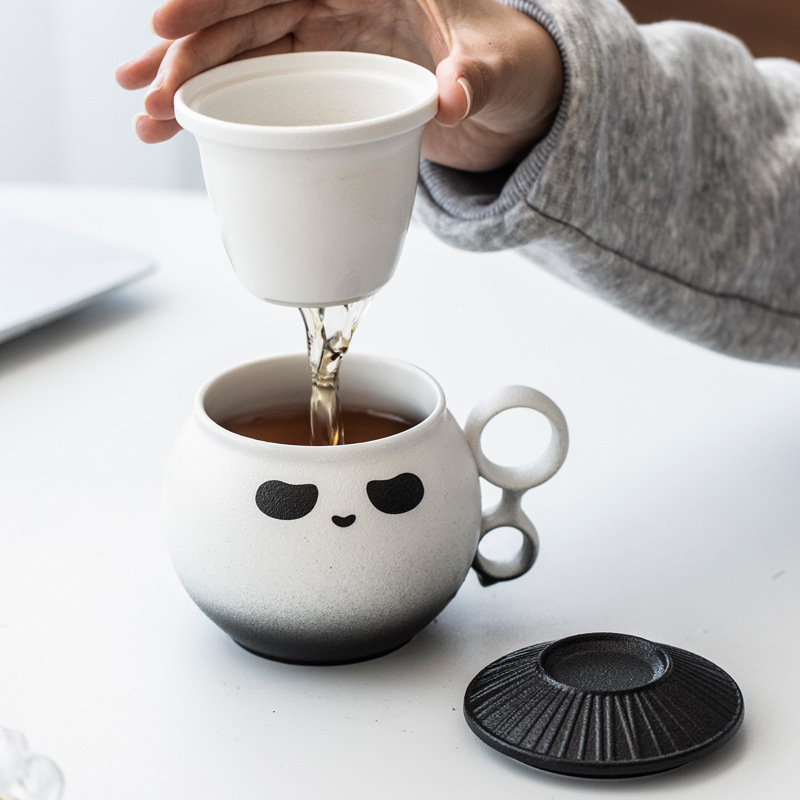 Ceramic Couple Panda Mug Large Capacity with Lid Home Office Tea Water Separation Filter Personal Tea Cup