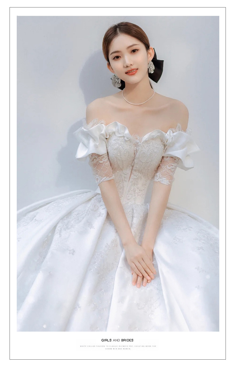 一字肩缎面主婚纱2021新款新娘赫本宫廷风大拖尾奢华重工高级质感