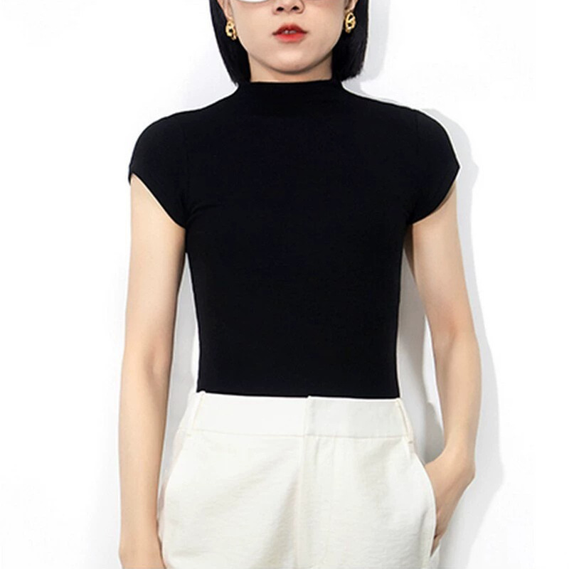 四季可穿经典半高领连袖上衣高弹修身坑条黑色t恤女-阿里巴巴
