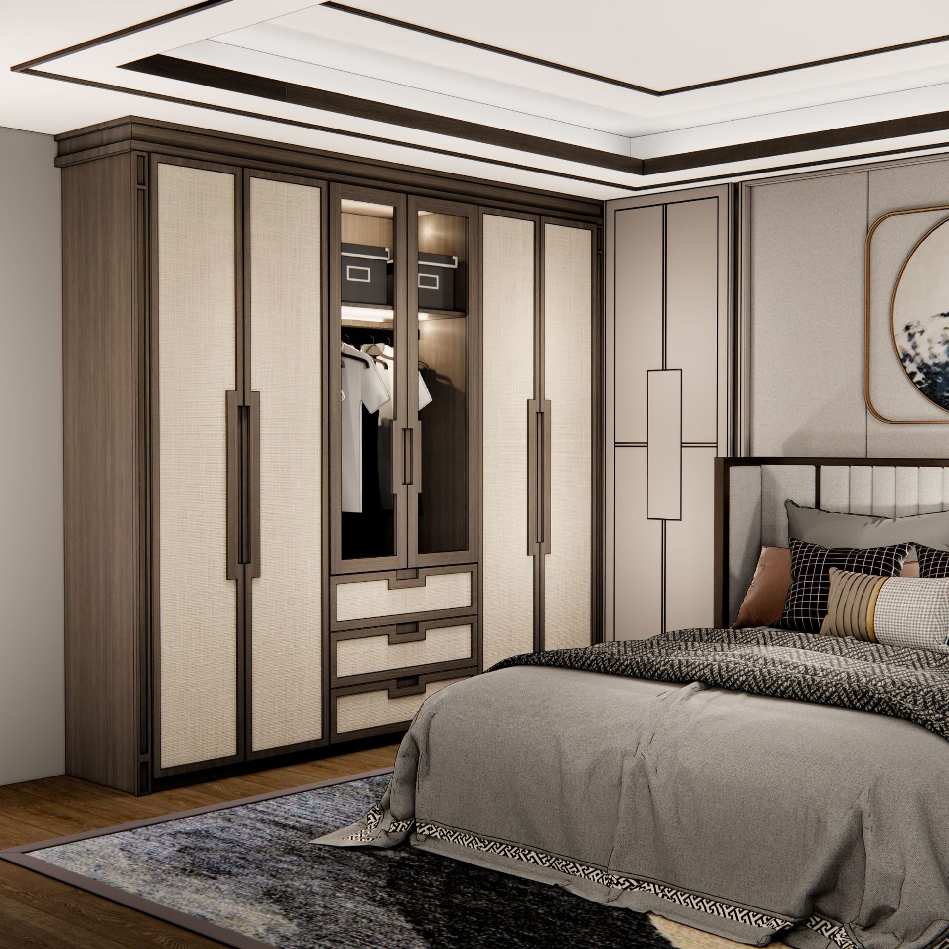 厂家衣柜新中式卧室衣橱到顶榻榻米橡木樱桃木衣帽间定制实木衣柜