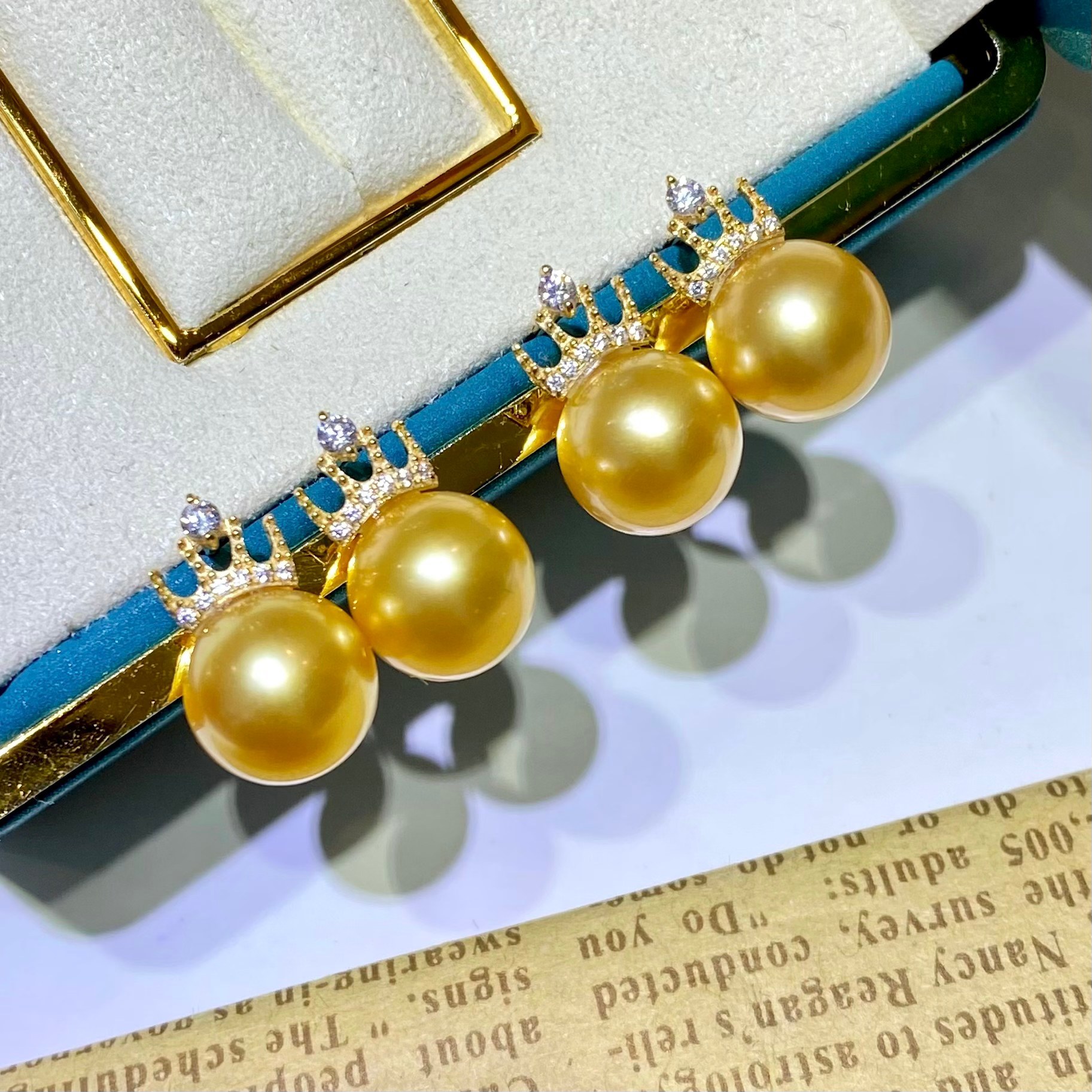 小众设计9-10mm南洋金珠皇冠珍珠耳环时尚通勤百搭女士珍珠耳饰