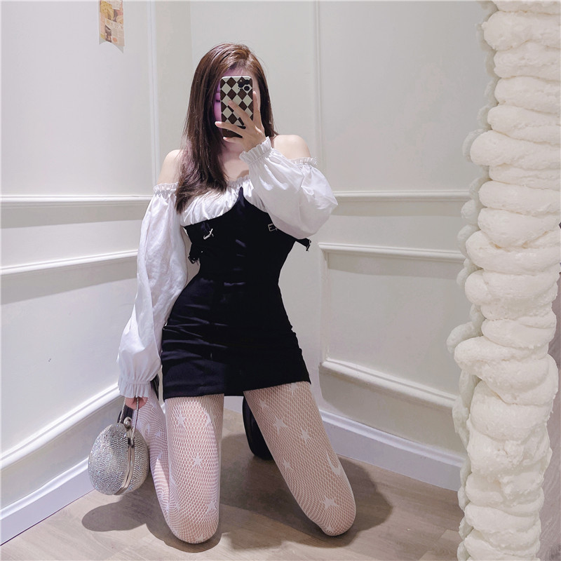性感纯欲菱形格月亮星星印花黑白色连裤渔网丝袜女春季秋冬款ins