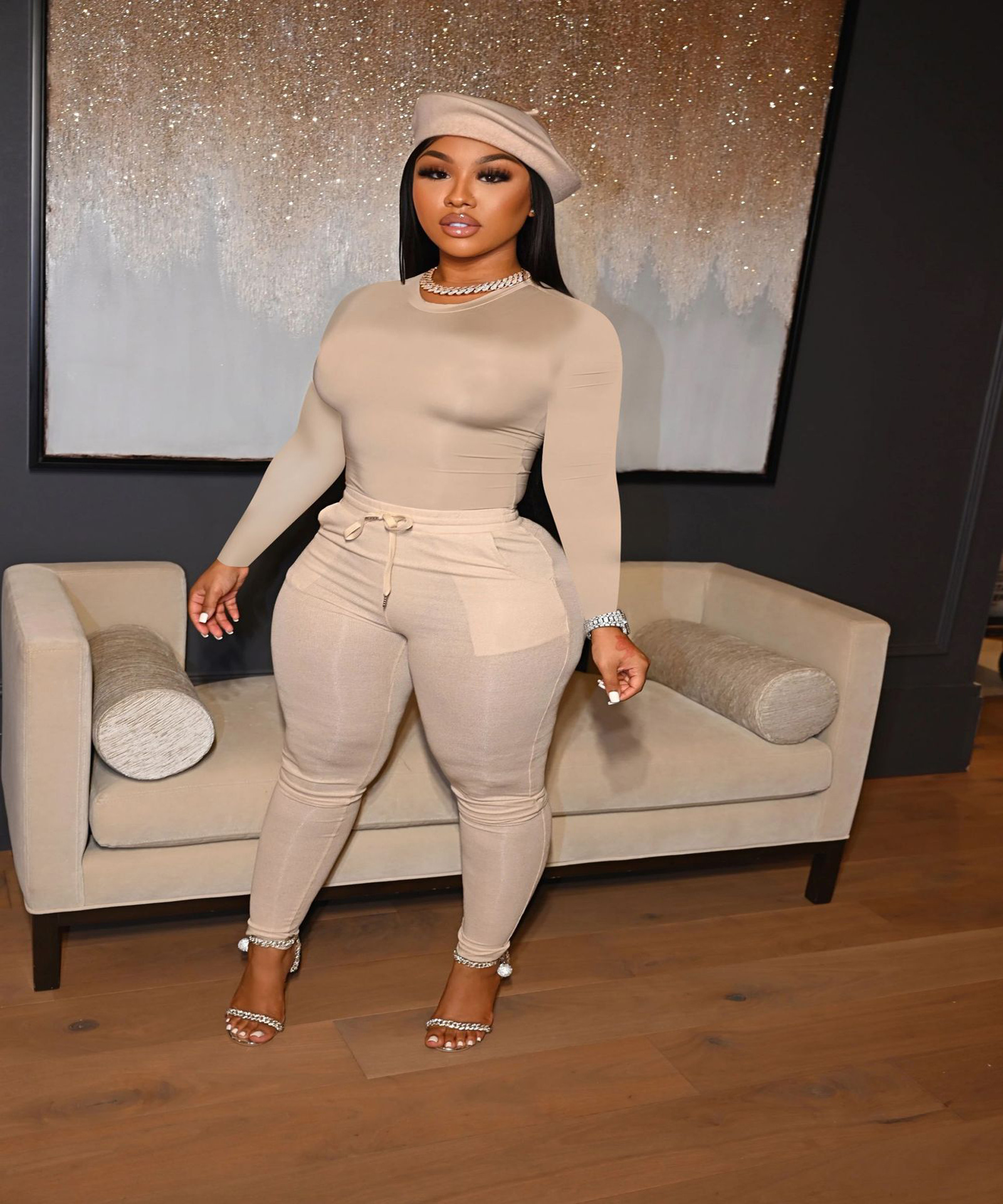 h86283 冬季欧美女装亚马逊速卖通时尚性感纯色两件套 大码装