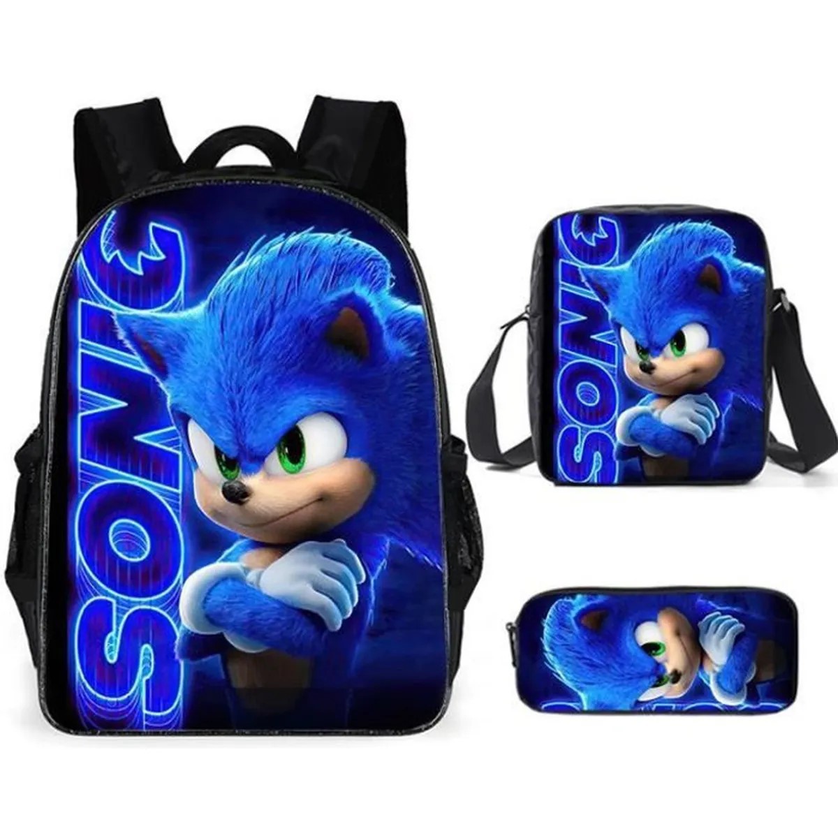 Cross-Border Hot Selling Sonic Elementary School Student Schoolbag Three-Piece Set Cartoon Animation Backpack Shoulder Bag Pencil Case