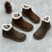 23冬季新款复古手工真皮棉靴文艺圆头平底加厚绒里保暖牛皮女棉鞋
