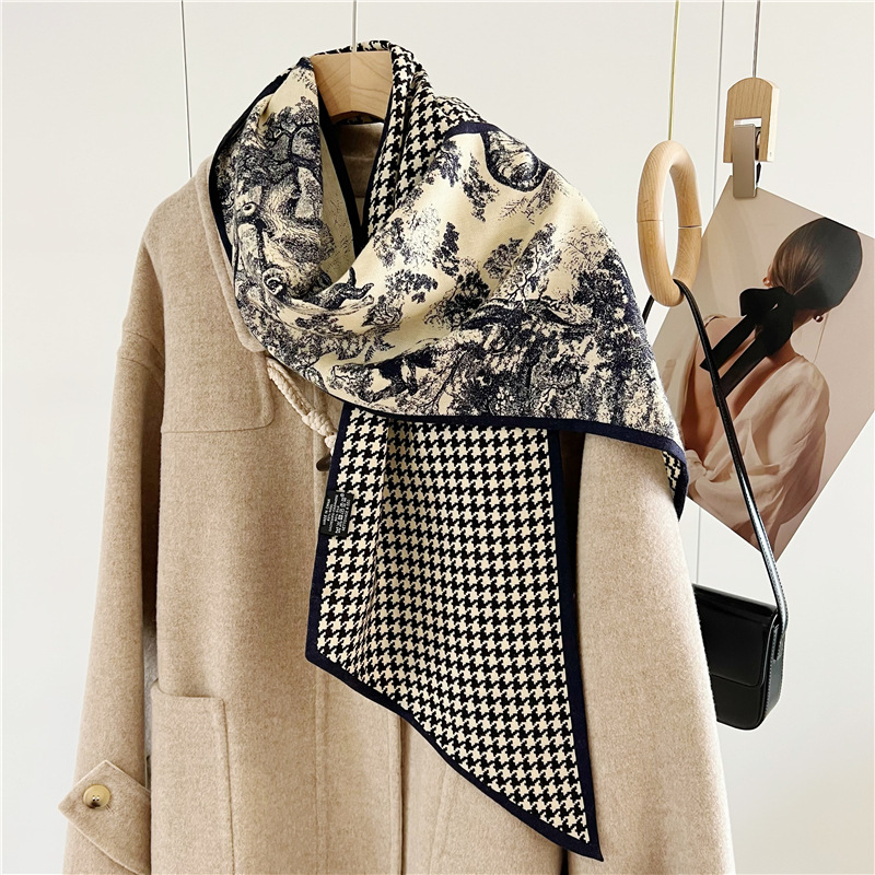 Silk and Wool Ribbon Scarf for Women Autumn and Winter New Fashionable Houndstooth Double-Sided Double-Layer Silk and Wool All-Match Neck Protection Scarf