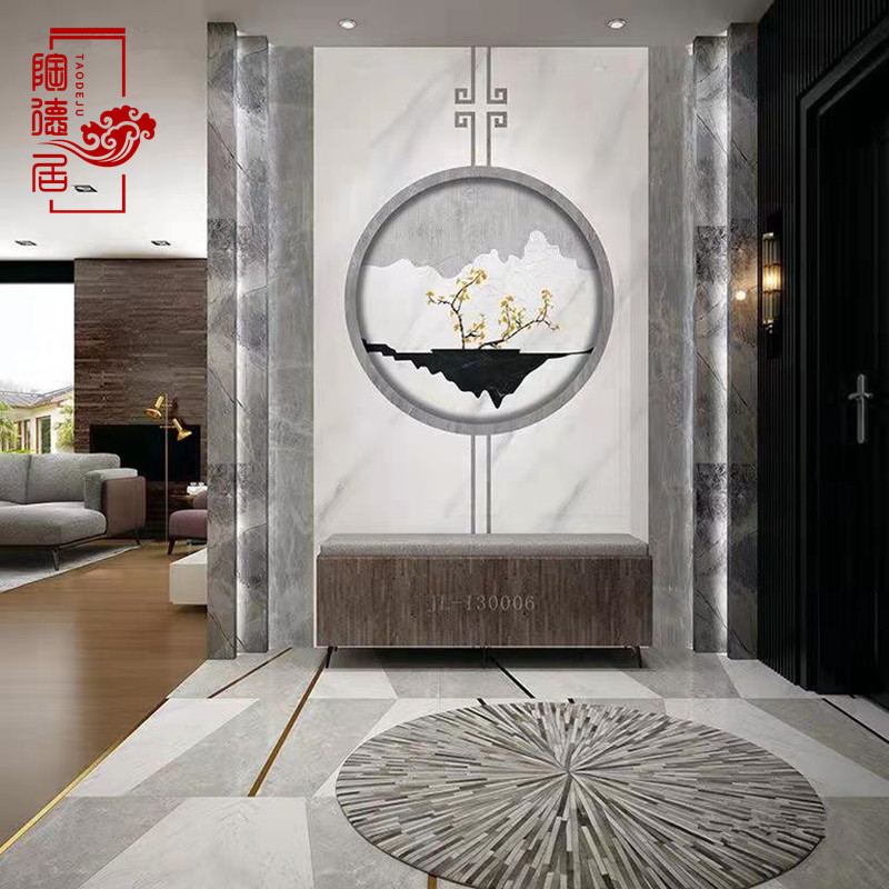 玄关画瓷砖画岩板背景墙微晶石大板过道3d雕刻壁画简约轻奢新中式
