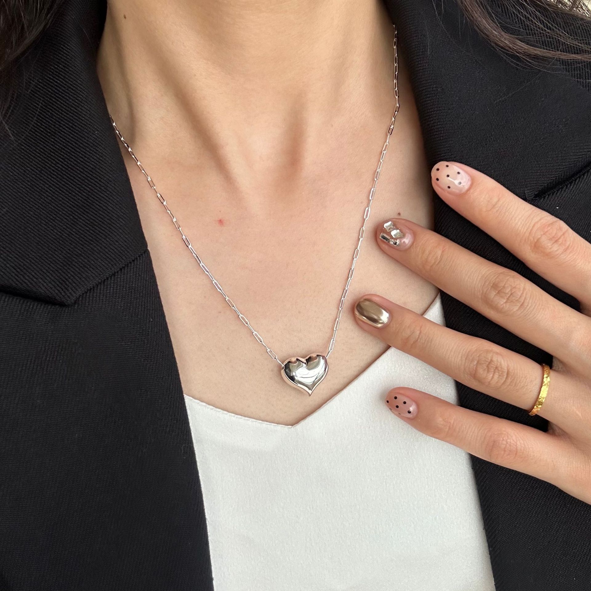 xl111小众设计925银心形抽拉式70cm长项链女百搭秋冬简约长毛衣链