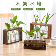新中式水培木架玻璃花瓶 水养植物绿萝鲜花干花容器 桌面装饰摆件
