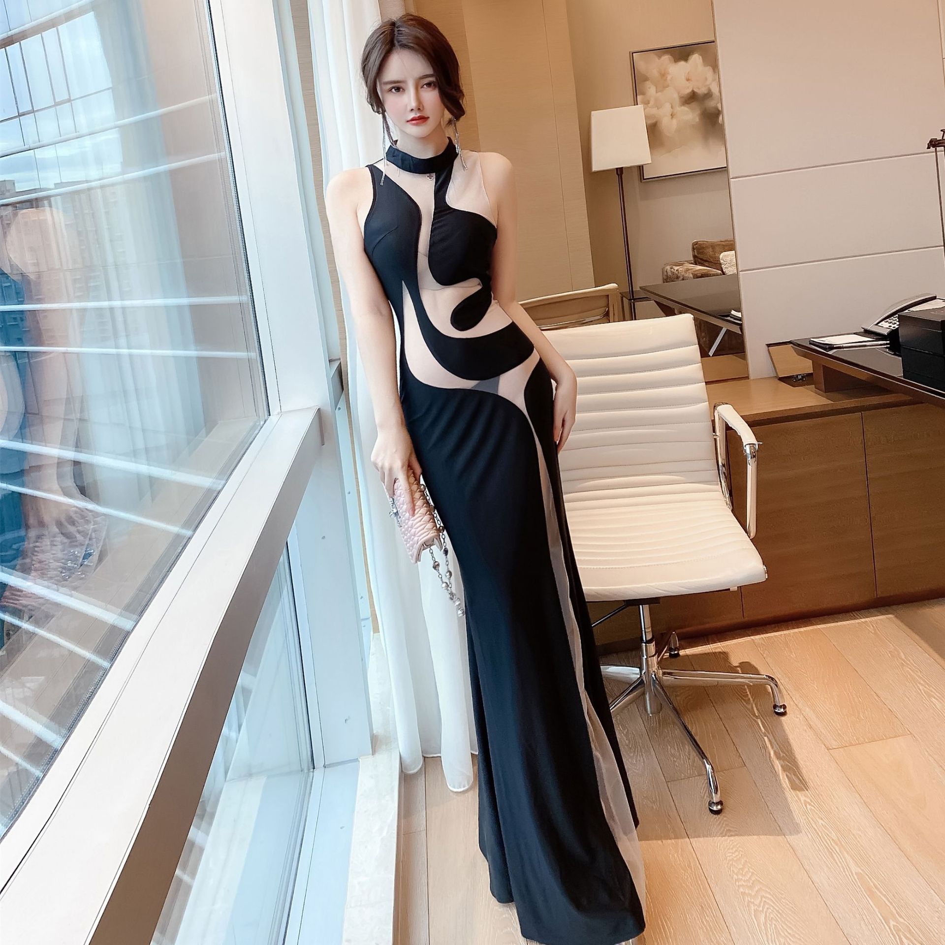 气质名媛夜店连衣裙性感网纱拼接鱼尾镂空长款晚礼服佳丽工装裙