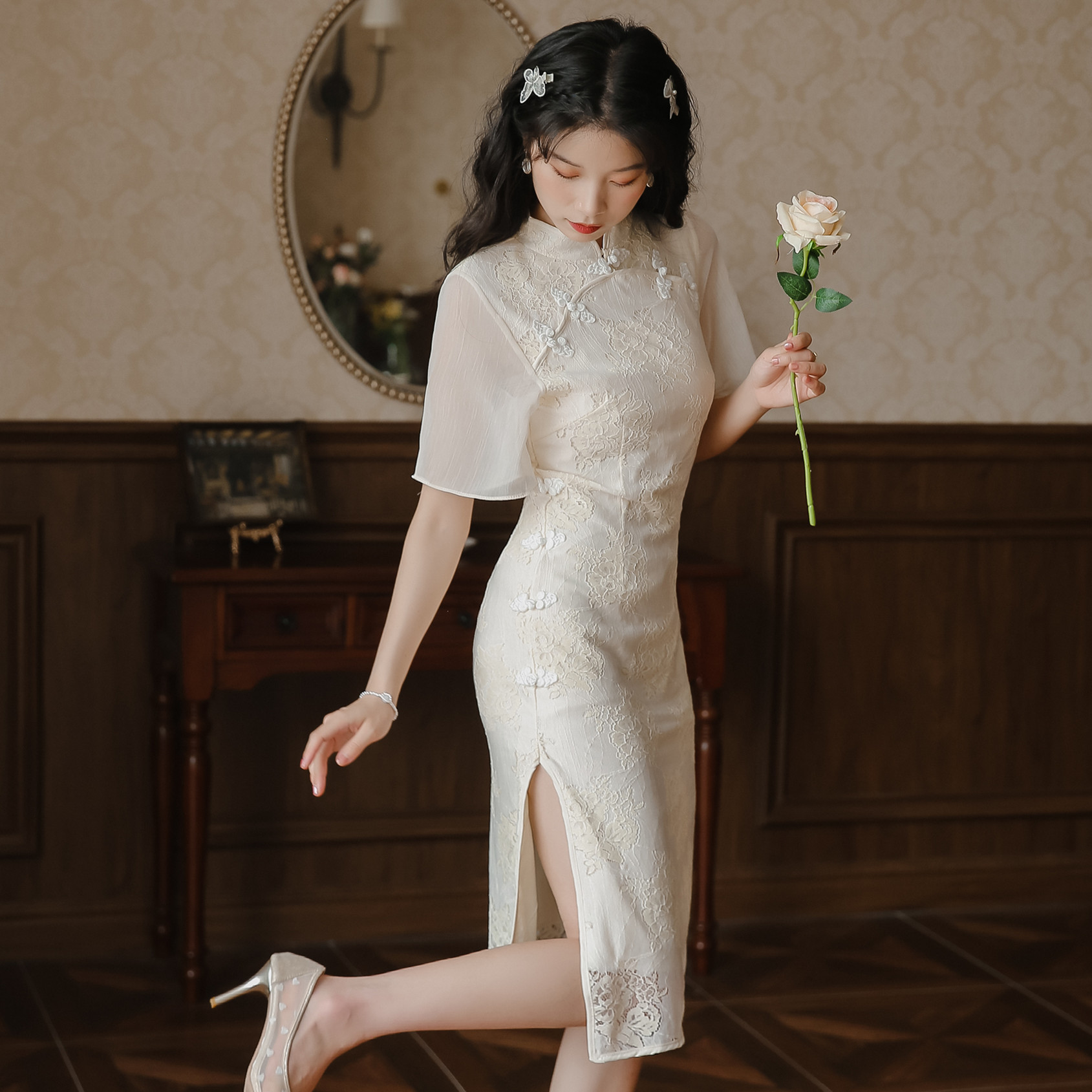 2021夏季新款民国风法式复古旗袍裙女