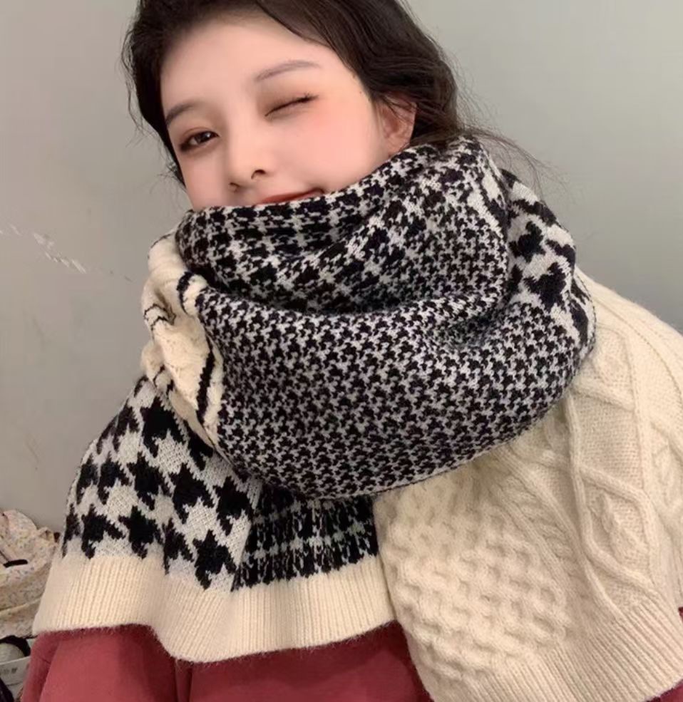 2021新款针织围巾女 冬季百搭千鸟格毛线围脖 韩版保暖披肩两用
