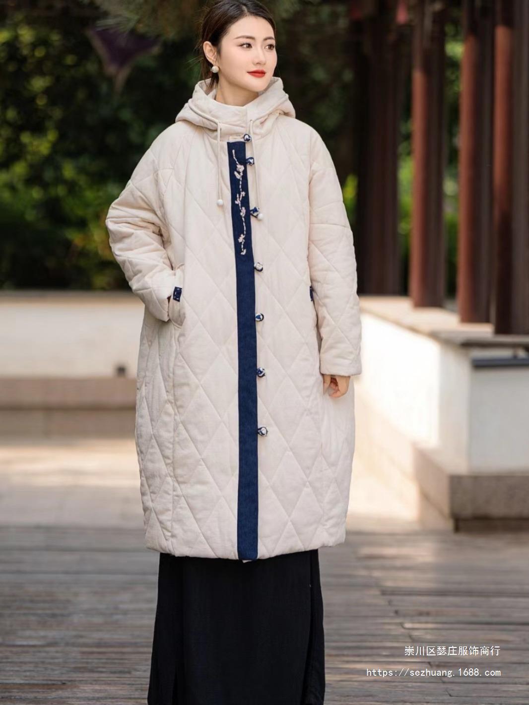 民族风夹棉外套2023冬季盘扣加棉长款风衣女时尚宽松棉服保暖上衣