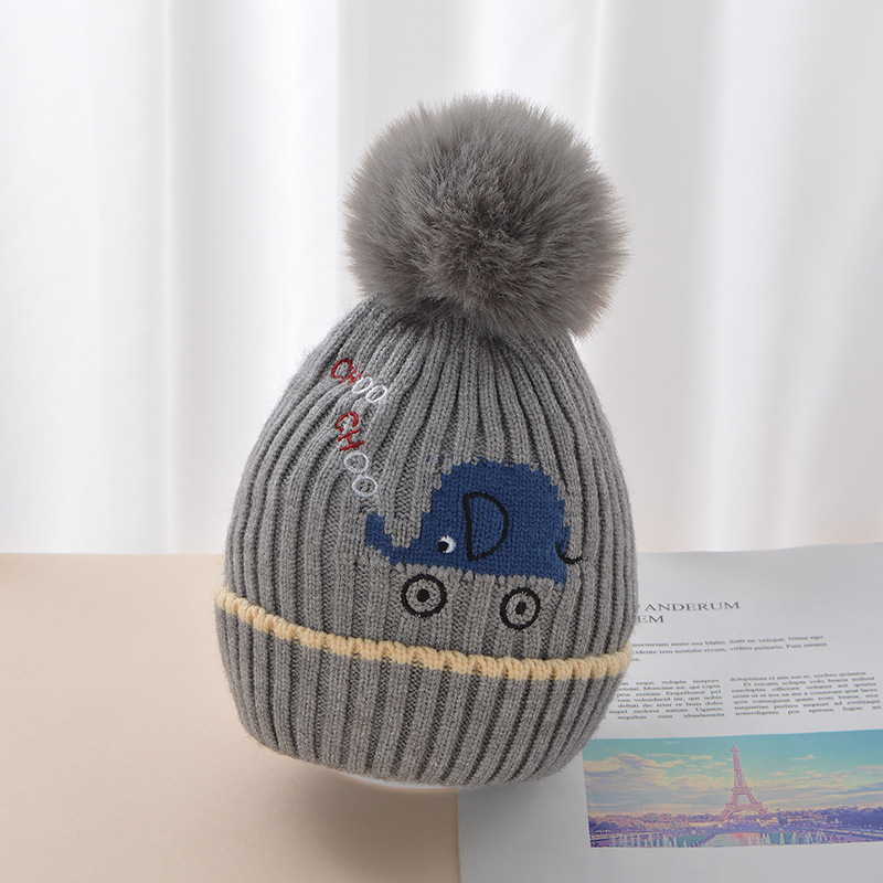 Children Bay Hat Winter Baby Elephant Woolen Cap Big Fur Ball Knitted Hat High Elasticity Small and Medium Bay Hat Cotton Lining