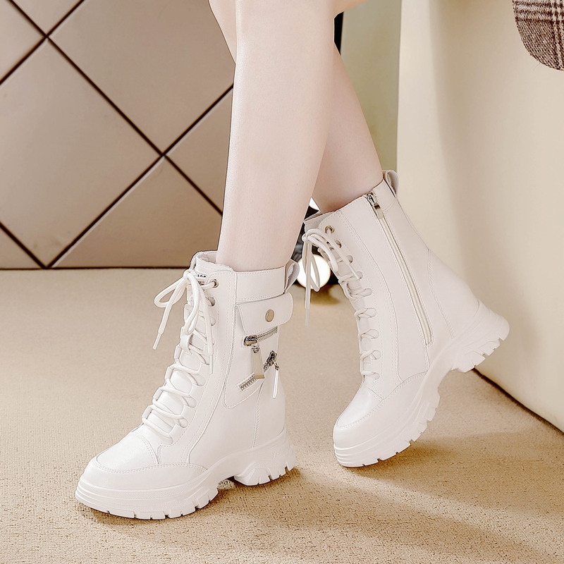 内增高中筒靴女秋冬新款休闲鞋系带侧拉链女靴子潮马丁靴