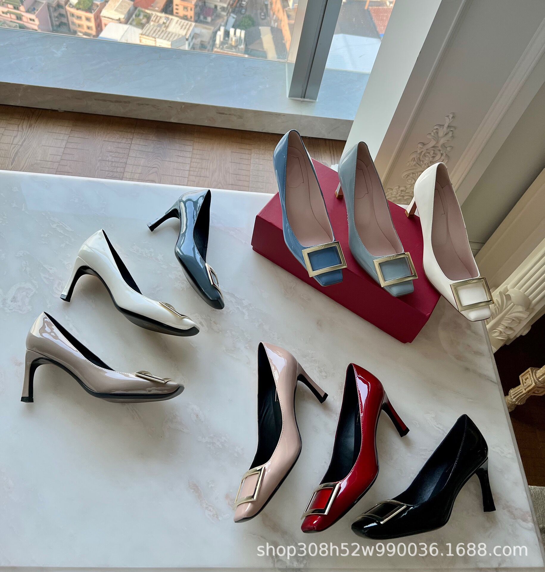 东莞货 rv粗跟漆皮单鞋方扣女鞋高跟鞋喇叭跟女鞋宴会女鞋通勤鞋