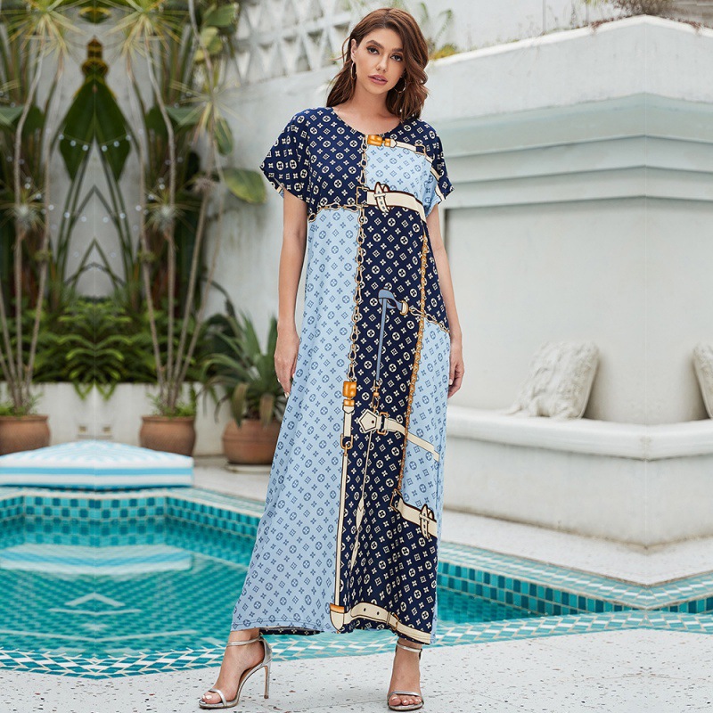 Muslim Women's Wear Middle East Dubai Women's Robe Arabic Long Dress Muslim Dress Short Sleeve Cross-Border Supply