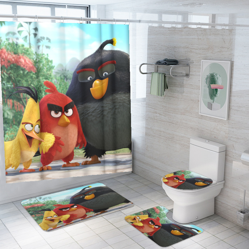 Bird Shower Curtain Floor Mat Combination 4 PCs Set Toilet Toilet Carpet Shower Room Mat Mat Cross-Border Delivery