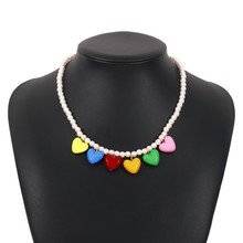 夏日多巴胺复古彩色爱心珍珠项链小众设计串珠个性气质锁骨链女