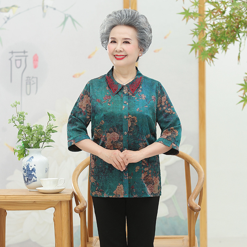 妈妈真丝夏装香云纱七分袖上衣中老年奶奶装中袖大码桑蚕丝衬衫女