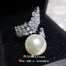 Versa法式澳白珍珠满钻戒指女开口 ins小众复古高级感贝珠食指环