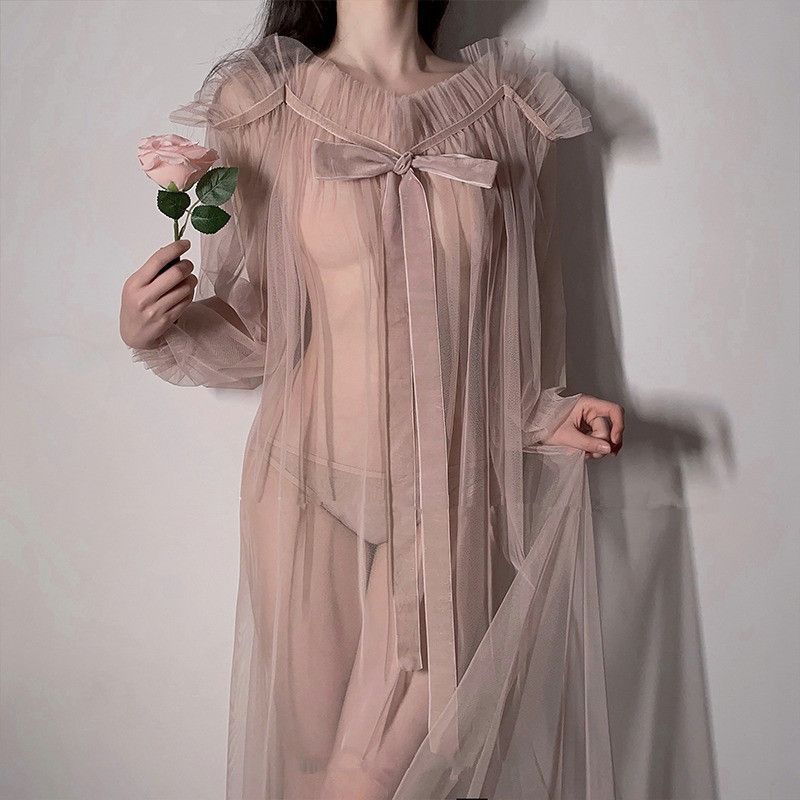 迷醉森林私房少女薄纱睡衣透视长裙性感蝴蝶结泡泡花边睡裙家居服