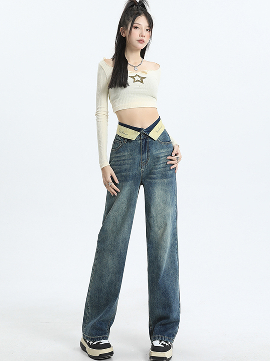 Waist Cuffed Jeans Women's Autumn Design Sense Niche High Waist Drooping Retro Loose Straight Wide Leg Mop Pants