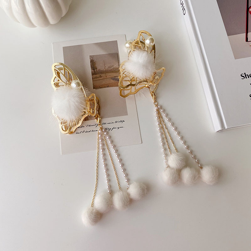 韩国金属蝴蝶古风流苏抓夹女气质发抓优雅珍珠水貂毛发卡头饰发饰