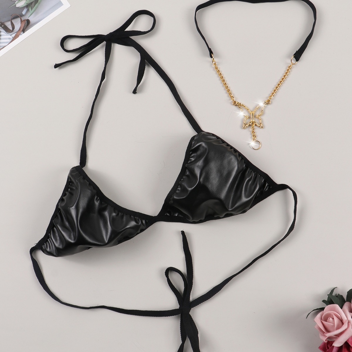 varsbaby 欧美性感新款吊带挂脖皮质比基尼内衣外贸时尚泳衣女士