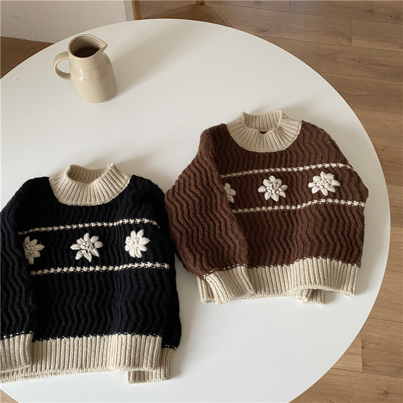 麦田季21秋冬新款韩国童装女童手工花朵高领毛衣儿童保暖上衣ins