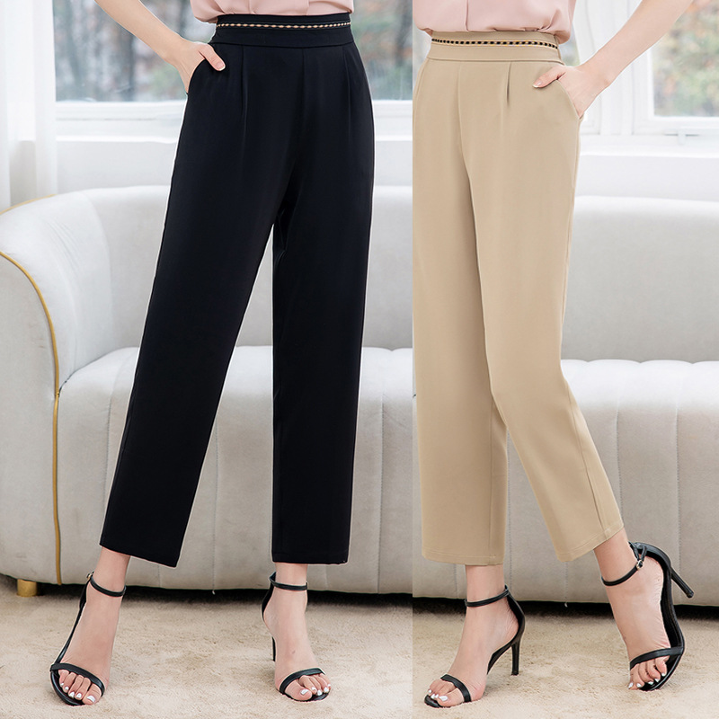 Middle-Aged Female Mother High Waist Pants Slim Ice Silk Straight-Leg Trousers 2023 Summer New Loose Western Style Cropped Pants