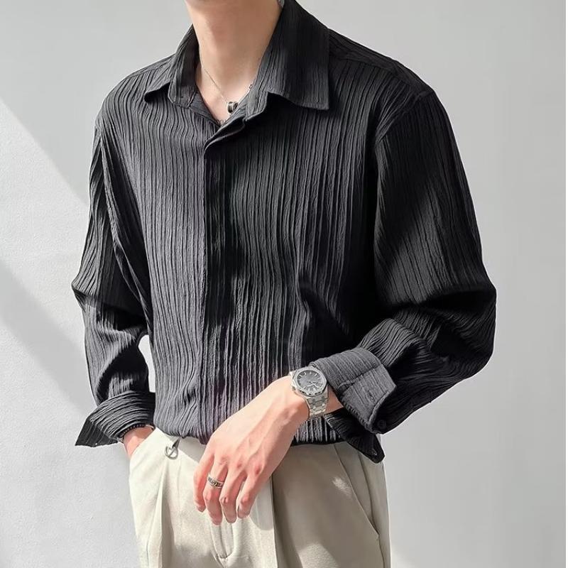 Textured Top Korean Style Loose Casual Long Sleeves Shirt Men's Trendy Handsome Striped Non-Ironing Shirt Autumn