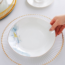 R盘子菜盘 家用骨瓷8英寸深汤盘餐盘欧式金边餐具碟子餐碟炒菜盘T