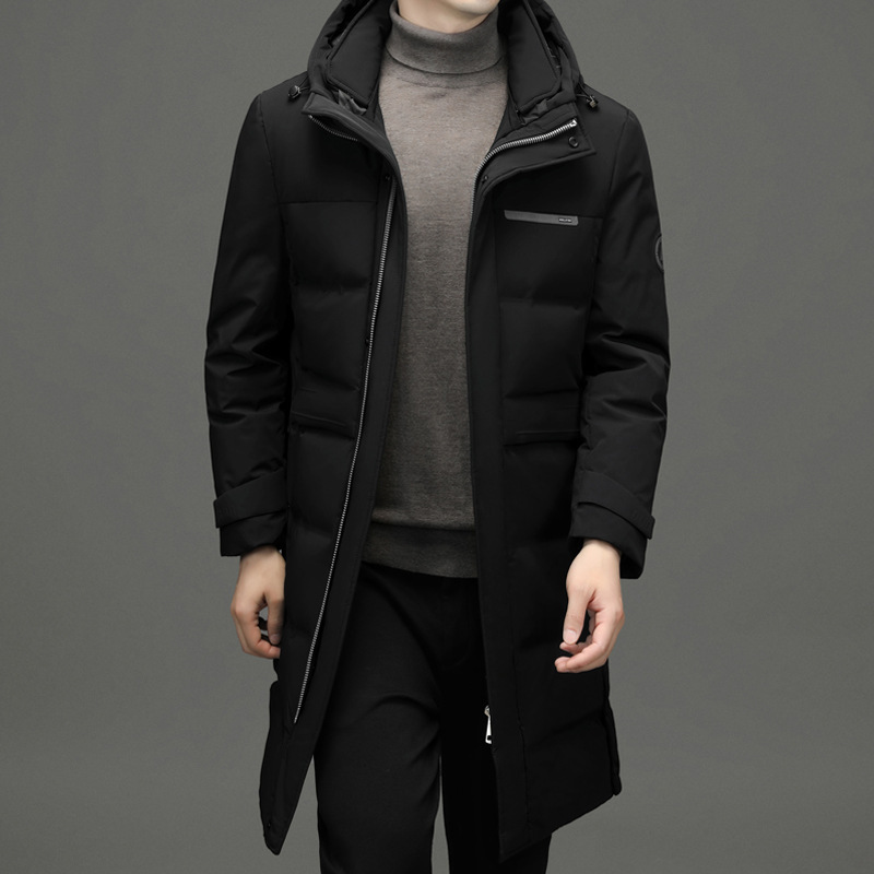 汤米黑示2024年冬装新款中青年男式长款羽绒服时尚休闲连帽白鸭绒