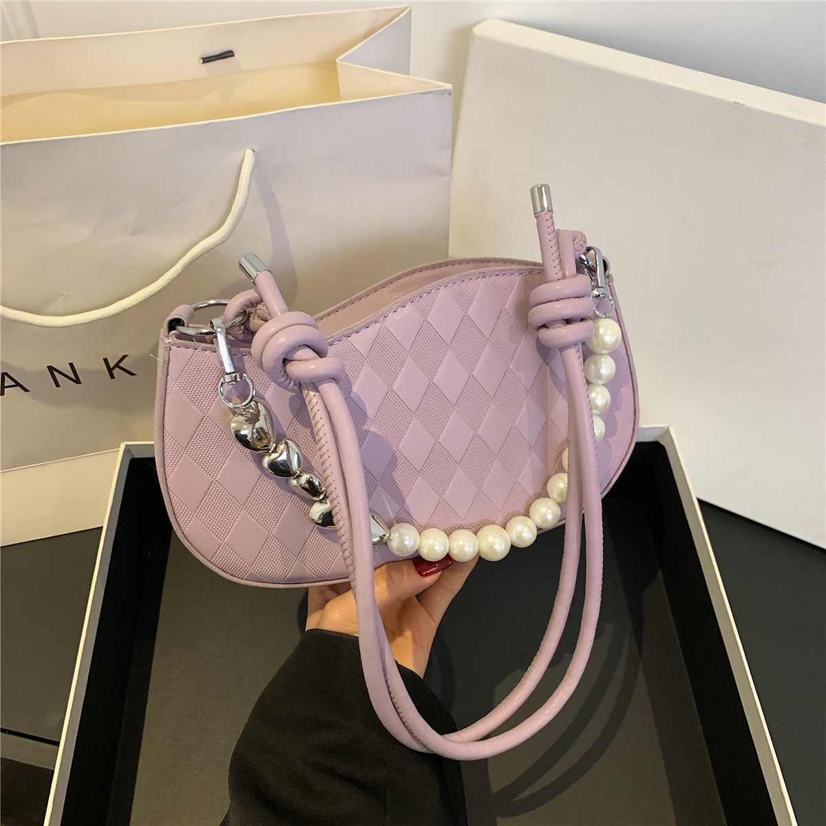 小众设计包包2024跨境新款珍珠链条洋气腋下包时尚单肩斜挎小方包