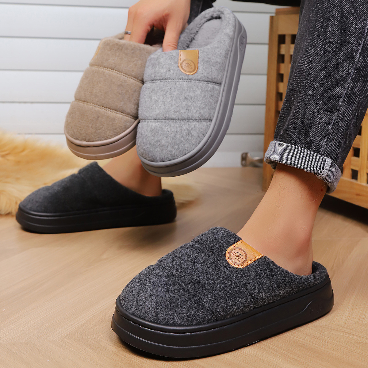 新款男士特大码棉拖鞋冬季室内外46防滑47室内48厚底加绒50毛毛拖