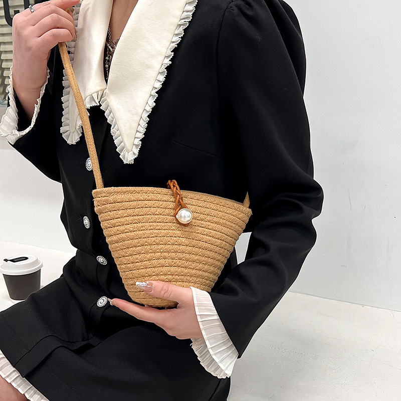 Mori Braided Bucket Bags Women's Bag New 2022 Spring/Summer Straw Bag Internet Celebrity Korean Style Fashionable All-Matching Shoulder Messenger Bag