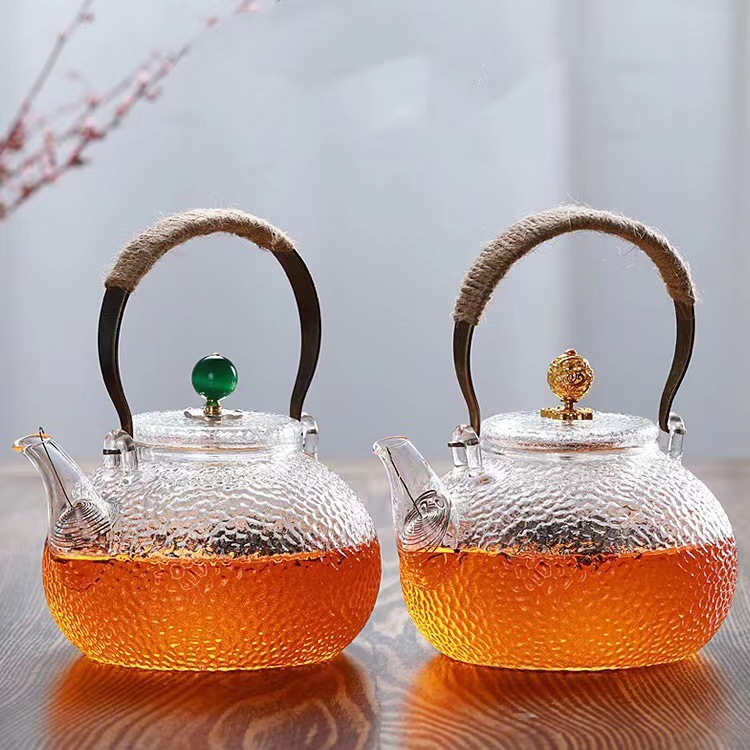 in stock borosilicate glass cooking teapot hammer pattern copper handles loop-handled teapot high temperature resistant tea brewing kettle