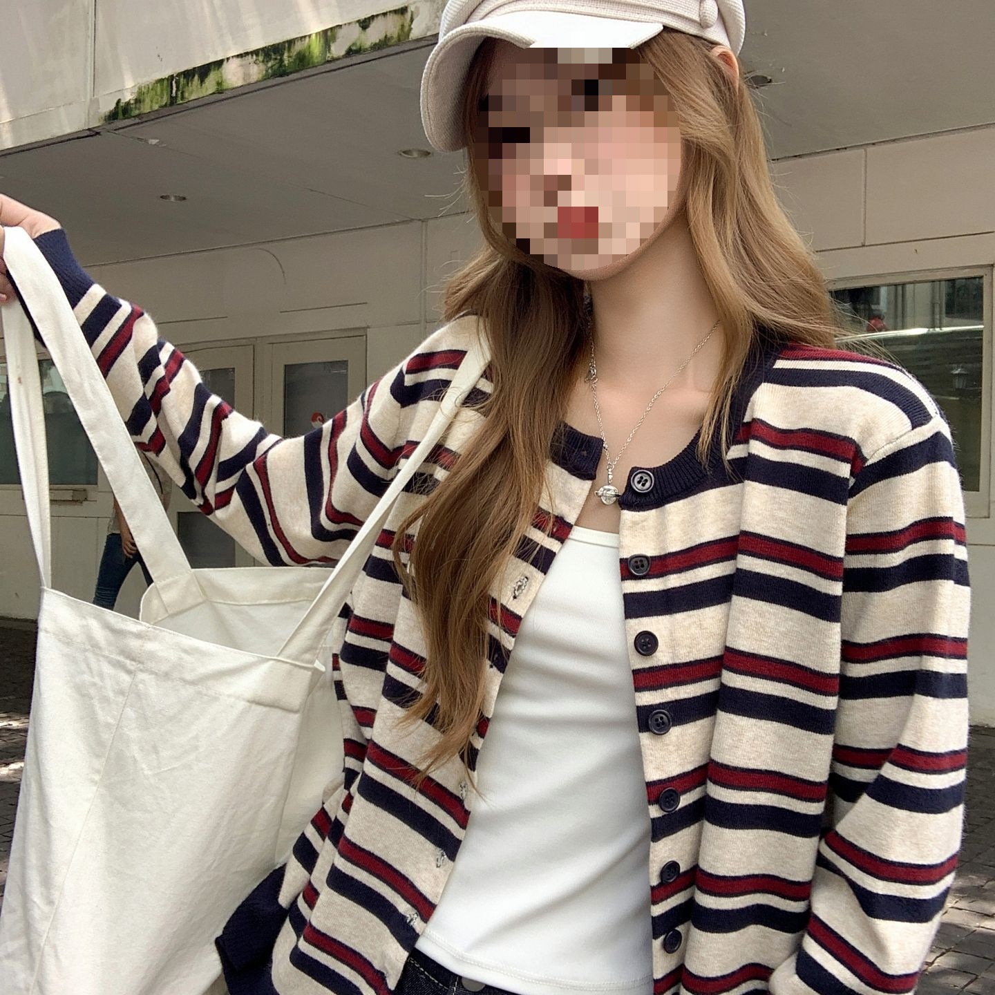 法式小香风撞色条纹刺绣针织开衫女早秋新款宽松外套长袖上衣毛衣