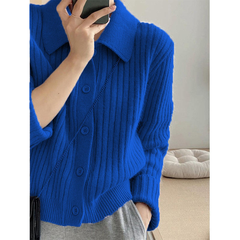 Klein Blue Lapel Sweater Cardigan for Women Spring and Autumn 2023 New Lazy and Loose Soft Glutinous Knitted Coat Top Women Clothes