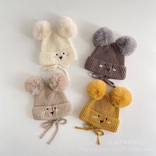 ins风婴儿毛线护耳帽韩版可爱双毛球儿童针织帽卡通宝宝保暖帽子