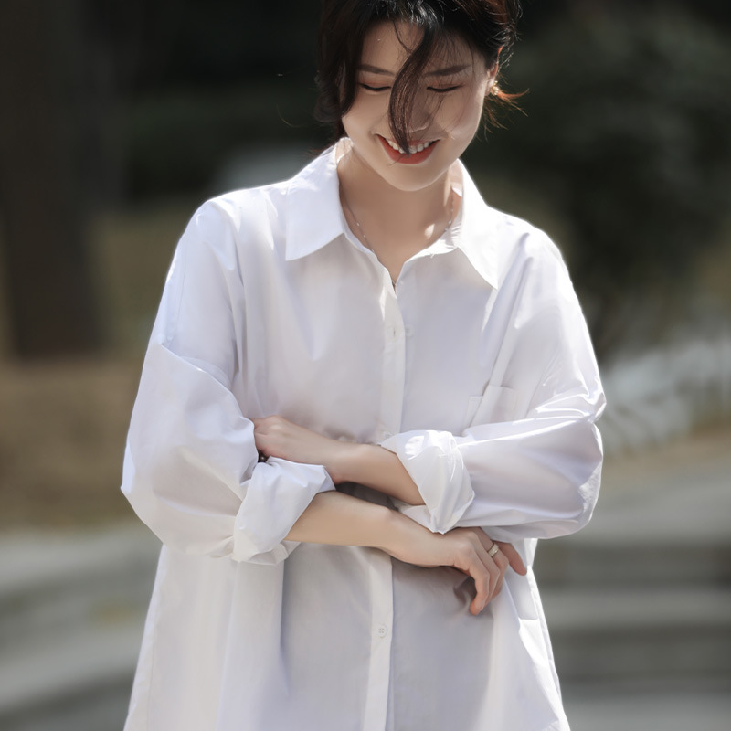 纯棉大落肩胸兜衬衫女宽松外搭上衣春夏高级感男友风白色衬衣外套