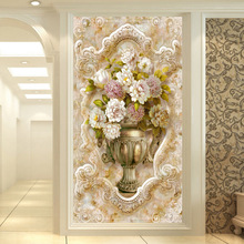 欧式简欧3d立体玄关壁画客厅花卉花瓶背景墙过道壁纸进门墙纸布5d
