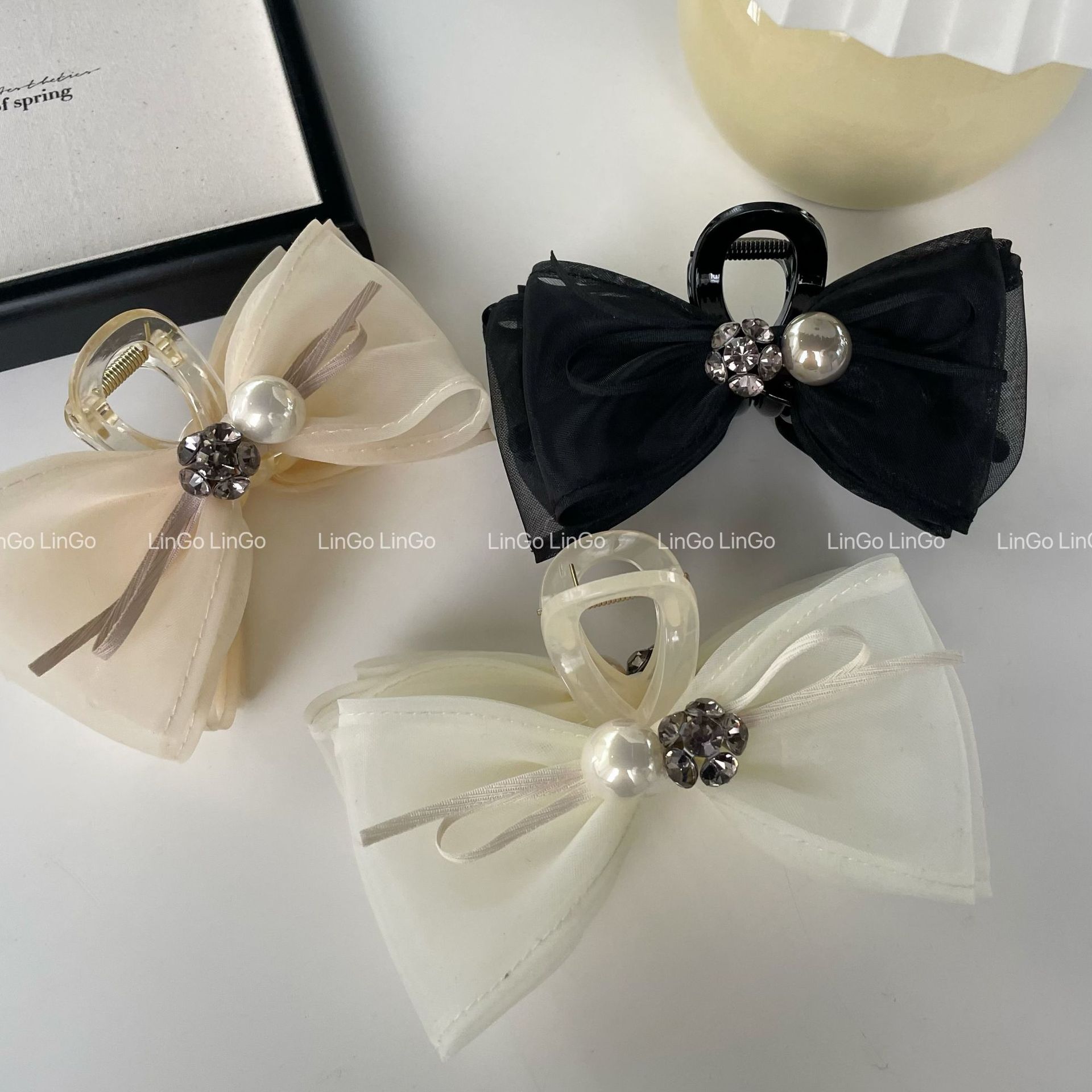 2024 Mesh Bow Pearl Rhinestone Hairpin Elegant Temperament Back Head Sweet Shark Grip Headdress