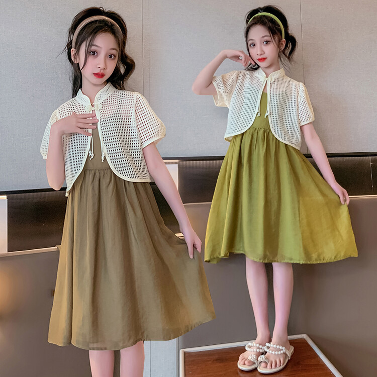 外贸跨境代发童装女中大童吊带裙套装精品薄外套连衣裙可爱两件套